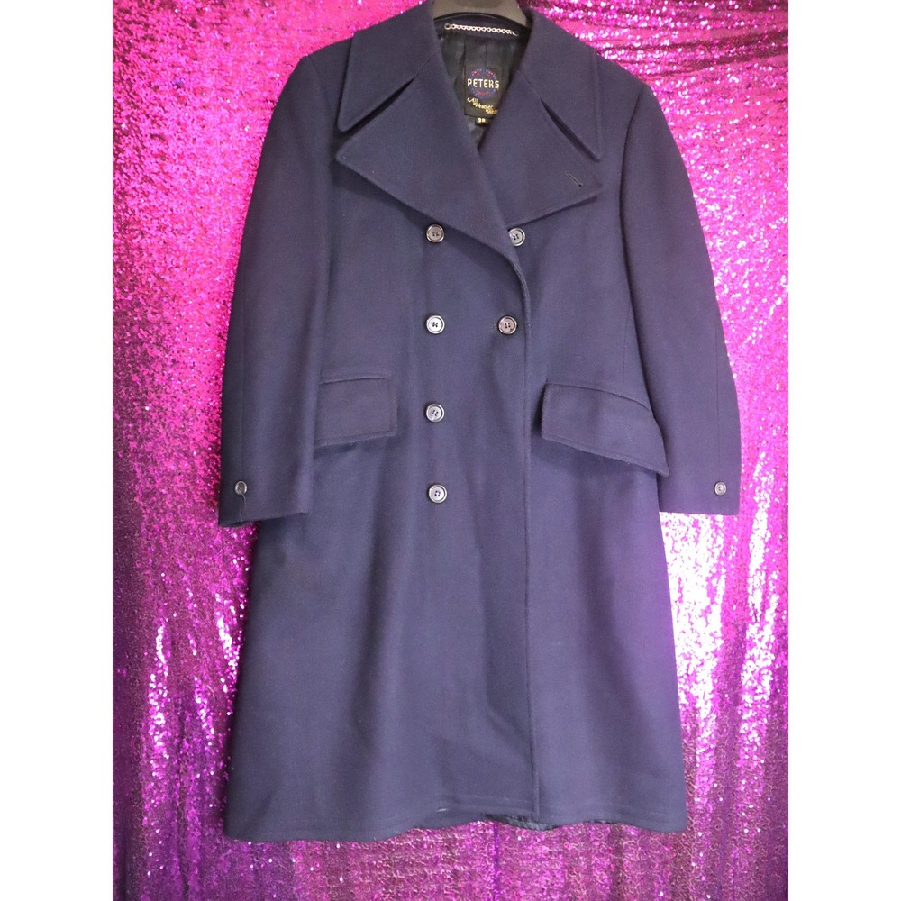 Navy Blue Double Breasted Coat 38 Peters Vintage Mens Wool Overcoat Peacoat